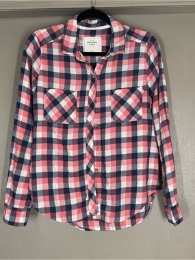 Abercrombie & Fitch Pink Navy White Plaid Flannel Shirt Size M